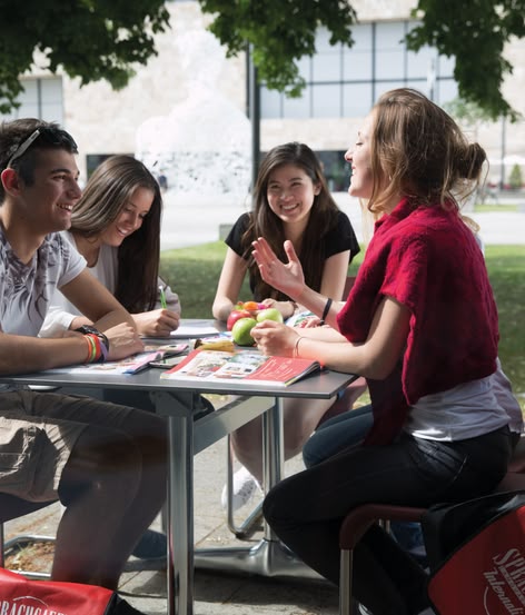 Studenten van Sprachcaffe studeren samen aan een buitentafel in een zonnig park.